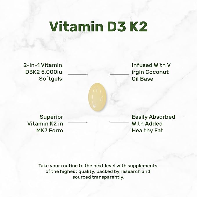 DEAL SUPPLEMENT Sunshine Vitamin D – Vitamin D3 5,000 IU with K2 MK7 100mcg – Infused with Virgin Coconut Oil – Support Healthy Bones, Teeth, and Immune System – Easy to Swallow