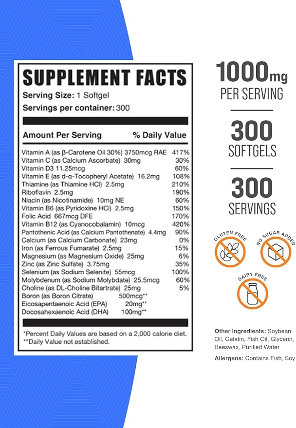 BulkSupplements.com Multivitamin for Men 50 Plus Softgels - Men's Daily Vitamins, Multimineral Supplement - Complete Multivitamin with Fish Oil - 1 Softgel per Serving, 300 Count (Pack of 1)