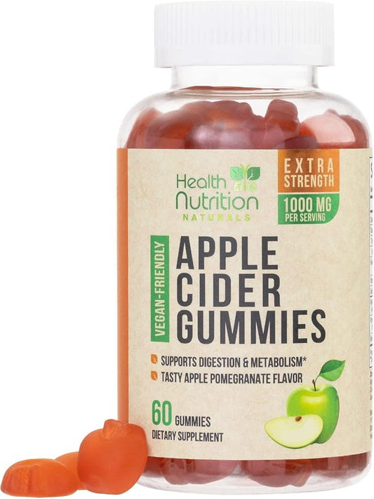 Vegan Apple Cider Vinegar Gummies | Max Strength 1000mg | ACV Supplement Gummy Vitamins for Adults, Supports Digestion, Metabolism, Natural Apple Flavor with Mother, Gluten Free, Non-GMO - 60 Gummies