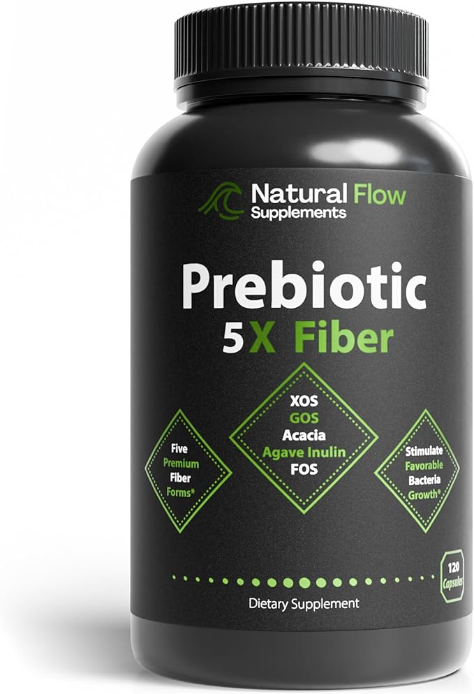 Prebiotic Fiber Supplement 5-in-1 Capsules - Natural Flow 5X Fiber XOS, GOS, FOS, Acacia and Agave Inulin, Daily Soluble Fiber Formula for Gut Support and Boost Good Bacteria Diversity, 120 Caps