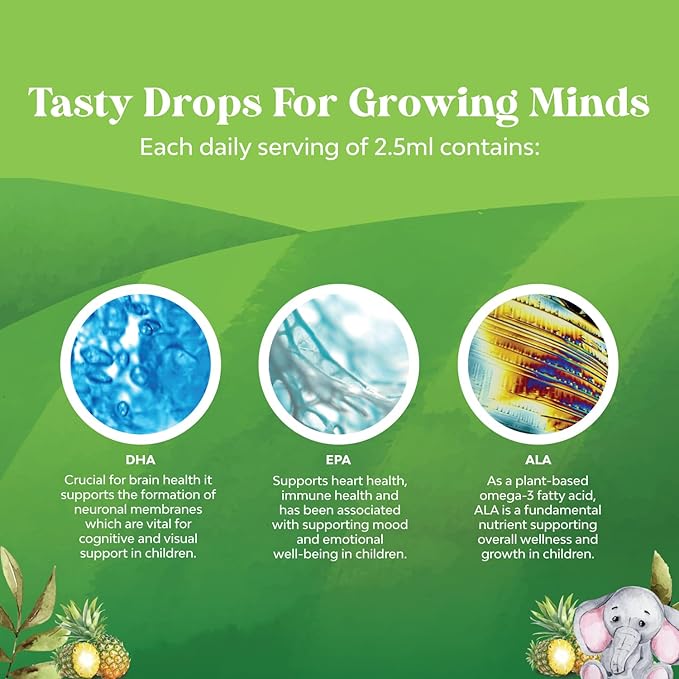 Liquid Omega 3 EPA DHA for Kids - Organic Vegan Omega 3 for Kids Brain Eye and Full Body Development with Vegan DHA EPA & ALA - Kids Omega 3 Liquid Supplement with Algae & Flaxseed Oil Liquid 2 Fl Oz