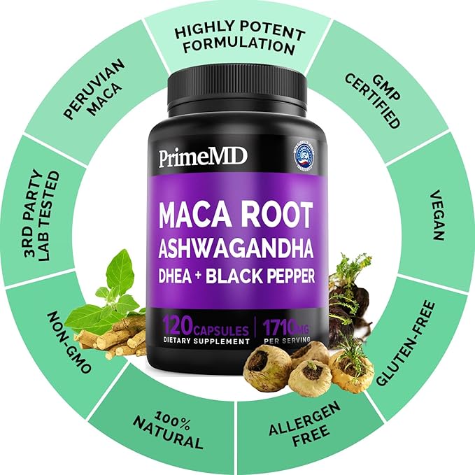 6-in-1 Organic Maca Root & Ashwagandha Capsules 1710mg w/DHEA & Black Pepper Fruit Extract - Maca Root Capsules for Women & Men - Stamina, Bone and Mood Support Supplement,120 Capsules (40 Servings)