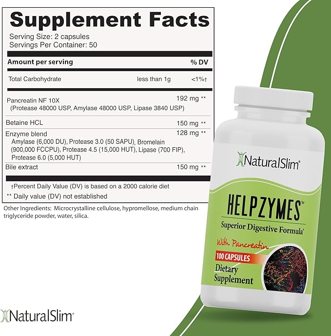 NaturalSlim Helpzymes Digestive Enzymes - Superior Digestion Supplements for Gut Health, Bloating & Gas Relief - Amylase, Bromelain, Lipase, Protease & Pancreatin with Betaine HCL - 100 Caps (Solo)