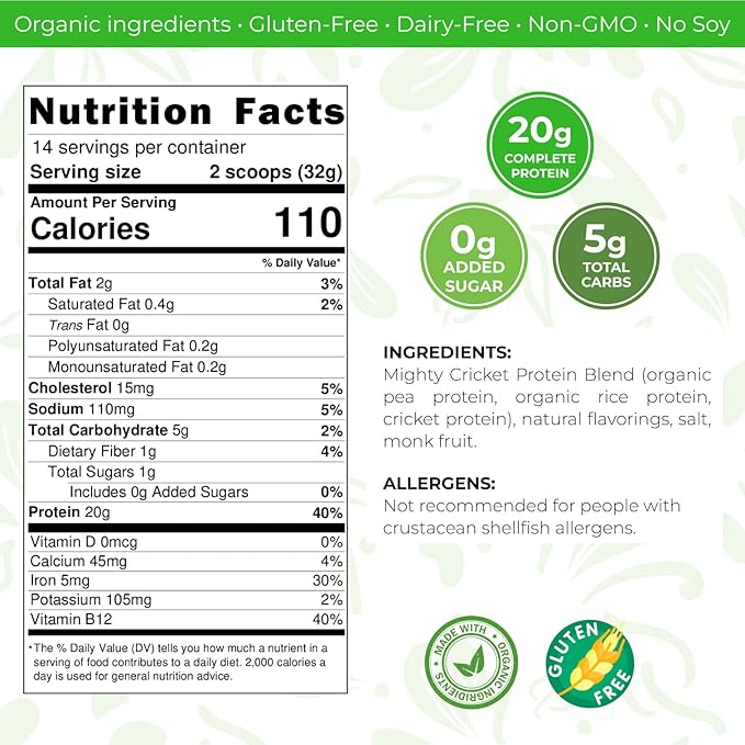 Mighty Cricket Protein Powder. 20g Clean Prebiotic Cricket Protein. No Sugar, Low Carbs, Gluten & Dairy Free. Keto & Paleo, 100% Natural Ingredients. Chocolate, 1 lb (Pack of 2)