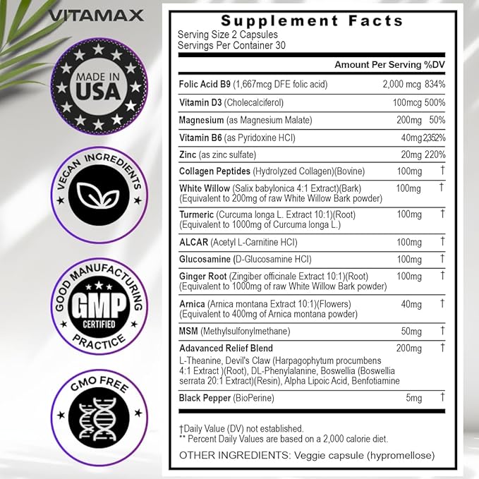 Sciatica Nerve Health Support - Sciatic Nerve Supplement Capsules with Folic Acid, Pea, Glucosamine, MSM, Vitamin B Complex, Alpha Lipoic Acid 300mg - Made in USA (60 Count (Pack of 2))