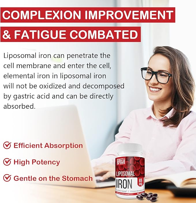 Liposomal Fe Iron Supplement for Women,65 mg Iron Supplements with Folic Acid & Vitamin B12 for Men,Red Blood Cell Production,Energy Support for Adults Iron Deficiency 60 Softgels(1 Bottle)