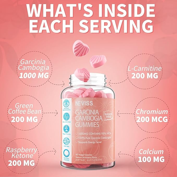Sugar Free Garcinia Cambogia Gummies 1000mg 95% HCA with L-Carnitine, Raspberry Ketone, Chromium, Green Coffee Bean for Metabolism, Energy Boost, 100% Organic Extract, Vegan, Strawberry Flavor 120 Cts