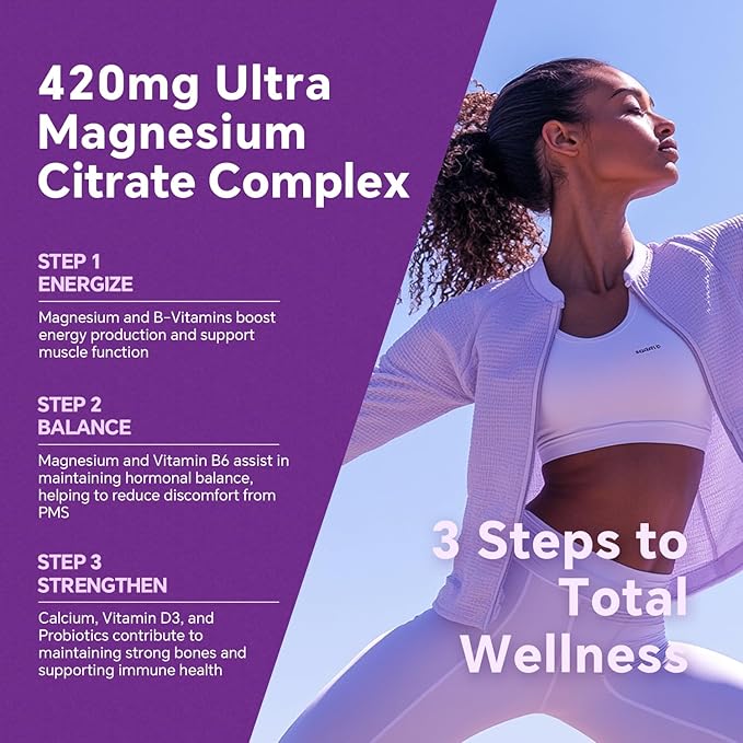 Magnesium Citrate Gummies 420mg for Adult - Dual Layer - w/ 10 Billion CFU - 5 Strains Probiotics & Calcium,D3,Biotin,Iron,B6,B12,Folate,Supports for Bone,Nerve,Relaxation,Muscle - Vegan 60 Cts