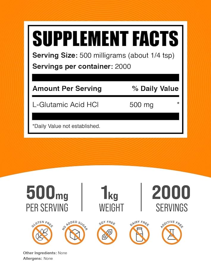 BulkSupplements.com L-Glutamic Acid HCl Powder - Amino Acid Supplement, Glutamate Supplement - for Gut Health, Glulten Free, 500mg per Serving, 1kg (2.2 lbs) (Pack of 1)