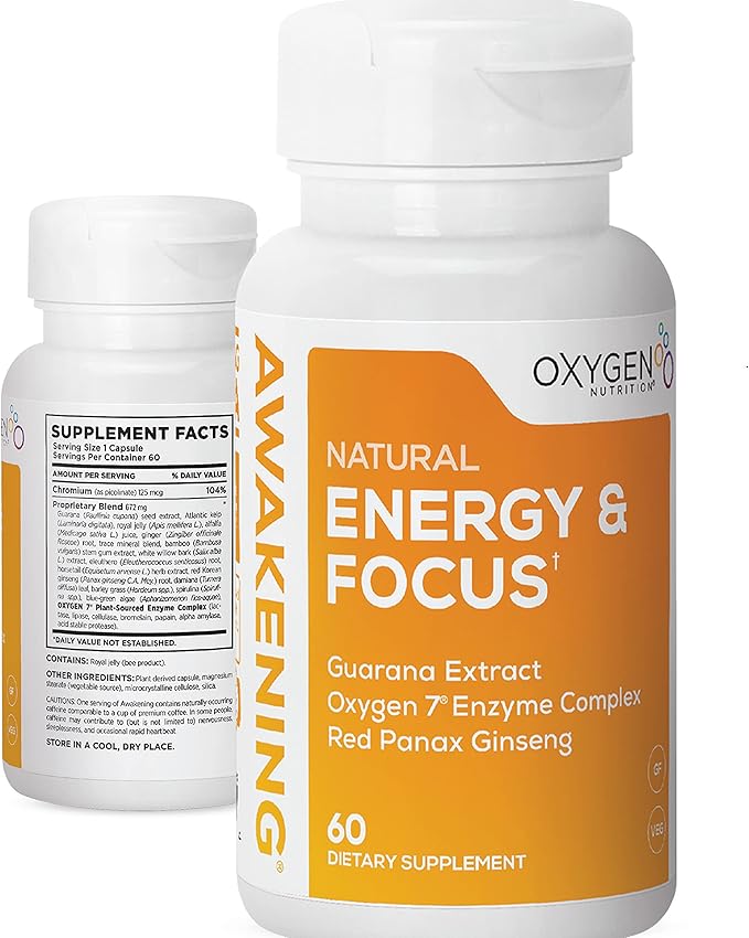 Awakening Natural Energy & Focus Nootropic Supplement with Panax Ginseng, Guarana Extract & Chromium Picolinate | Brain Supplement for Focus, Energy, Mood & Clarity | Gluten Free Veggie, USA - 60 Caps