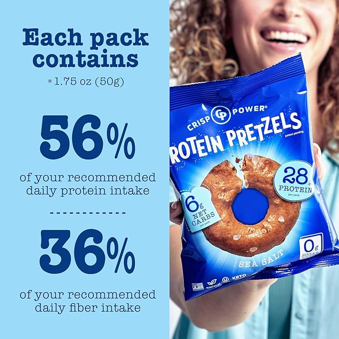 Crisp Power High Protein Pretzel Crisps - 6 Pack x 1.75 oz Crunchy & Flavorful Plant-Based Snack. No Sugar, 28g Protein Per Pack in 3 Savory Flavors, Vegan, Keto Friendly, Non-GMO, Kosher Non-Dairy (1.75 Ounce (Pack of 24), Sea Salt)
