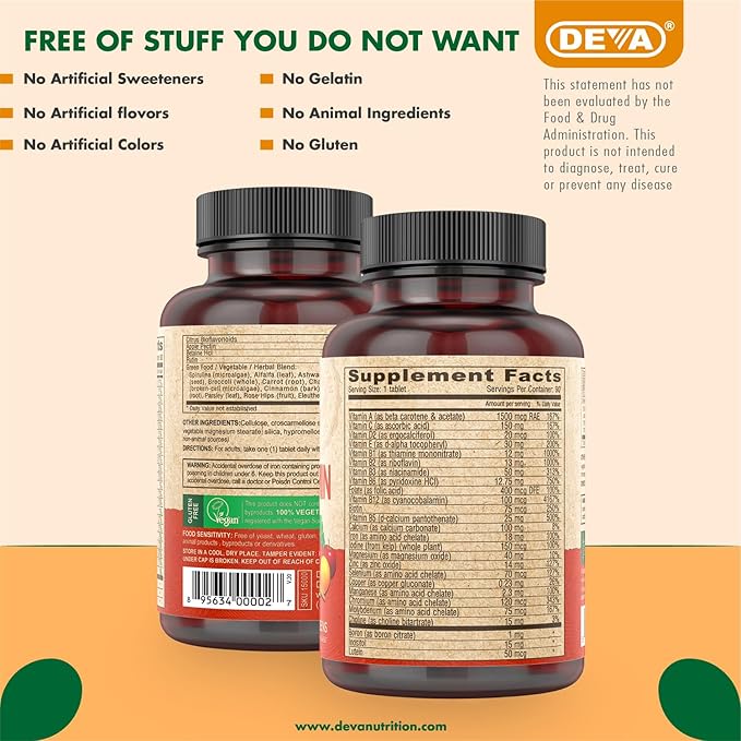 DEVA Vegan Multivitamin & Mineral Supplement - Vegan Formula with Green Whole Foods, Veggies, and Herbs - High Potency - Manufactured in USA and 100% Vegan - 90 Count (Pack of 2)