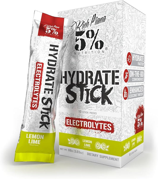 5% Nutrition Hydrate Stick Hydration Packets | Sport Electrolyte Powder Mix Packets with Coconut Water (Lemon Lime) (10 Count)