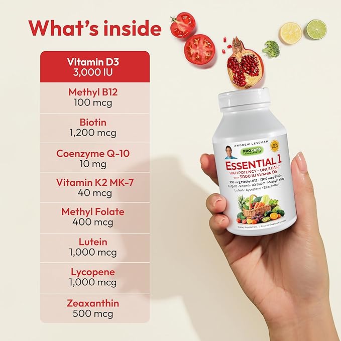 ANDREW LESSMAN Essential-1 Multivitamin 3000 IU Vitamin D3 180 Small Capsules – 100 mcg Methyl B12. CoQ10 Lutein Lycopene Zeaxanthin. High Potency. No Additives. Gentle Ultra-Mild. One Daily Capsule
