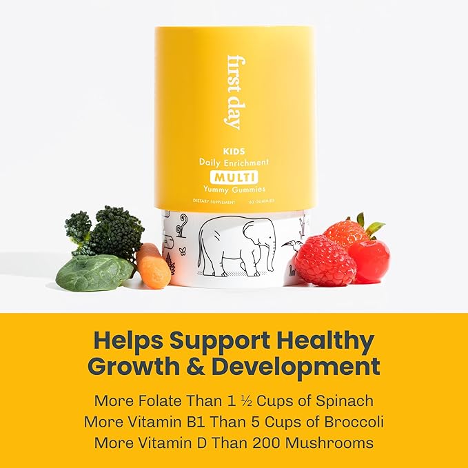 FIRST DAY Kids Daily Multivitamin Gummies – Vitamin A, D3, B6, B12, C, K2 & More to Support Growth, Brain Function, Immunity – Made w/Organic Fruits & Veggies, Only 2g Sugar – 3-Pk, 90 Day Supply