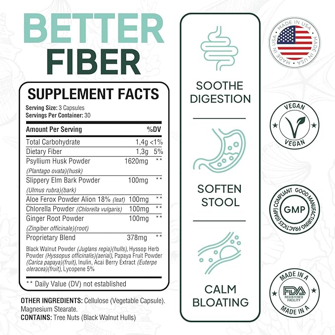 Better Fiber - Daily Fiber Supplement - Soften Stool for Effortless Bowel Movements - with Psyllium Hulk and Slippery Elm - 3 Bottles