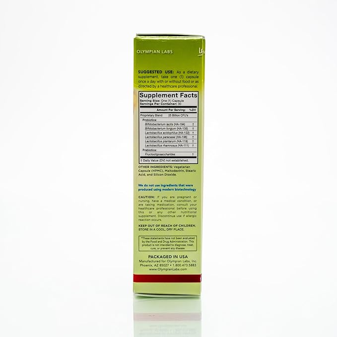 Olympian Labs Complete Prebiotic and Probiotic Supplement - 25 Billion Live Shelf Stable Cultures - 30 Vegetarian Capsules, Helps Restore The Natural Balance Within The Digestive Tract.