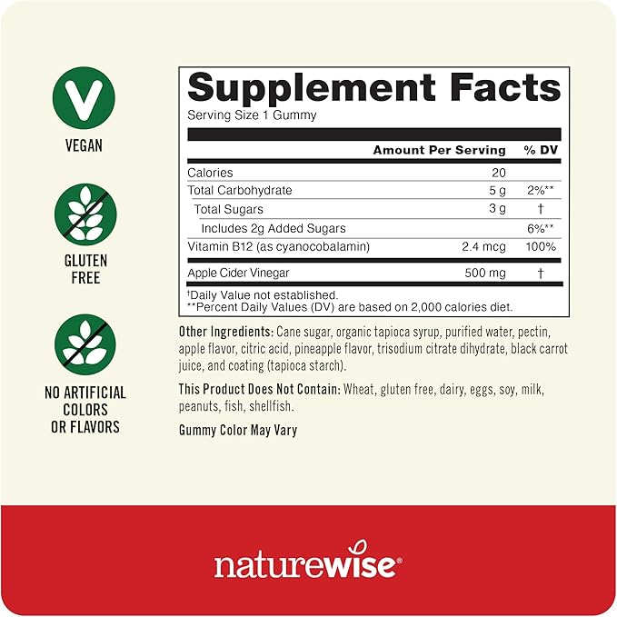 NatureWise Apple Cider Vinegar Gummies - 500mg ACV Gummies with Vitamin B12 - Apple-Pineapple Flavor - Support for Energy & Gut Health - Vegan, Gluten-Free, Non-GMO - 60 Gummies[2-Month Supply]