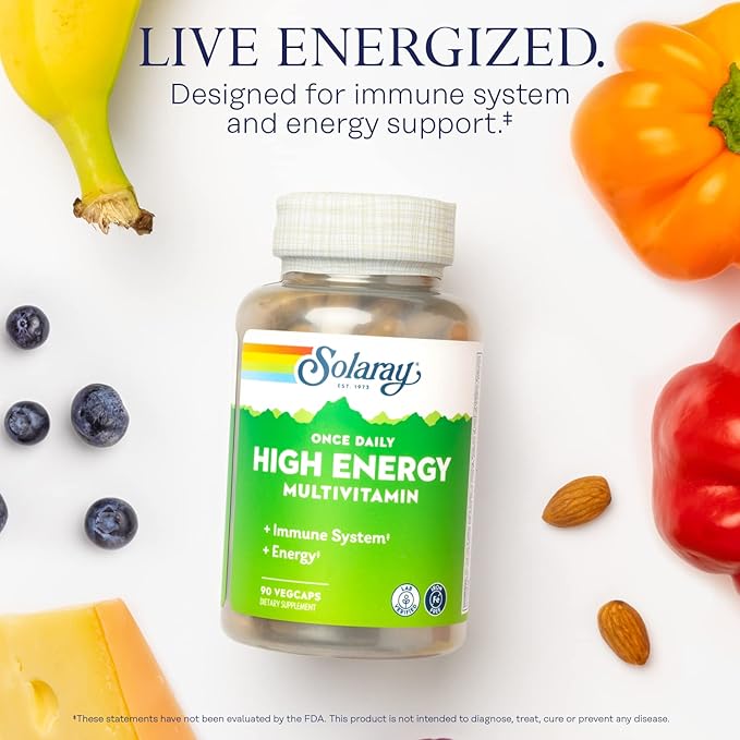 SOLARAY Once Daily High Energy Multivitamin, Iron Free, Immune System and Energy Support, Whole Food and Herb Base Ingredients, Men’s and Women’s Multi Vitamin (90 Servings, 90 VegCaps)