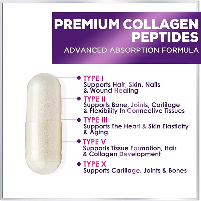 Collagen Peptides Powder Capsules for Women, 1800mg Hydrolyzed Collagen Type I, II, III, V & X, Hair, Nail, Skin, Bone & Joint Support, Collagen for Women & Men, Grass-Fed Collagen - 60 Capsules