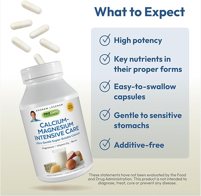 Andrew Lessman Calcium Magnesium Intensive Care 60 Capsules – Bone and Skeleton Health Essentials. Easy to Swallow Capsules with Super Soluble Fine Powder. Gentle to Even The Most Sensitive Stomachs