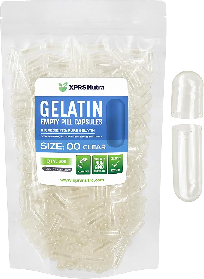 XPRS Nutra Size 00 Empty Capsules - 500 Count Empty Gelatin Capsules - Empty Pill Capsules - DIY Capsule Filling - Fillable Pill Capsules Empty Gel Caps (Clear)