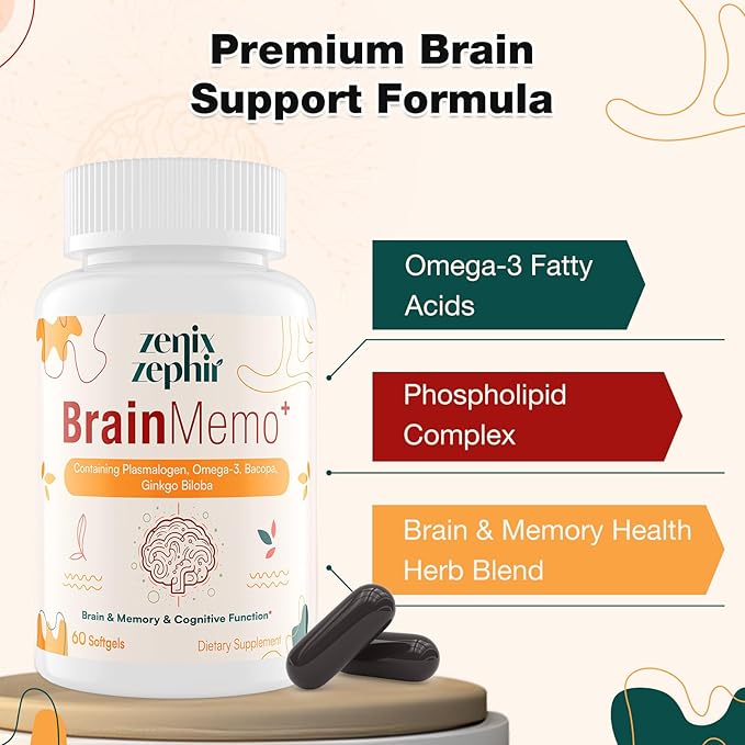 Memory Focus Supplement - Brain Support with Omega-3, Bacopa and Plasmalogens for Enhanced Cognitive Function - Concentration and Memory - Non-GMO, 120 Softgels