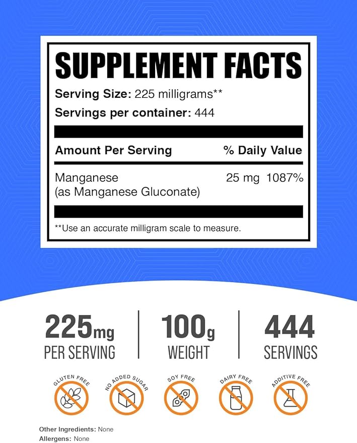 BulkSupplements.com Manganese Gluconate Powder - Manganese Supplements, Essential Trace Mineral - High Absorption & Gluten Free, 225mg per Serving, 100g (3.5 oz) (Pack of 1)