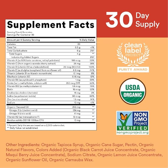SmartyPants Organic Kids Multivitamin Gummies: Probiotics, Omega 3 (ALA), Vitamin D3, C, Vitamin B12, B6, Vitamin A, K & Zinc for Immune Support, Three Fruit Flavors, 120 Count (30 Day Supply)