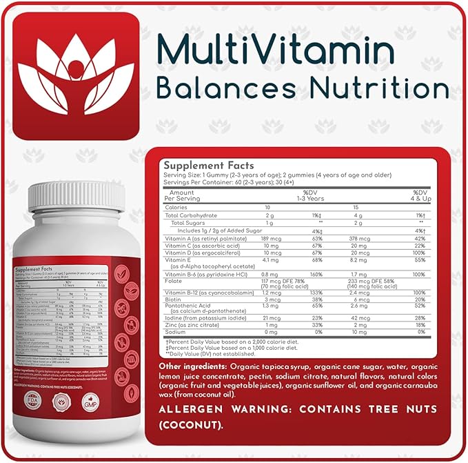 Organic Gummy MultiVitamins, 3-Pack, 60 Count Each; Blend of 11 Essential Nutrients, for Kids and Adults, Vegan, Assorted Strawberry, Lemon, Orange Flavors