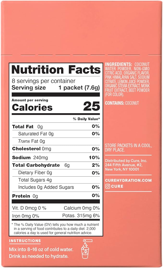 Cure Hydration | Plant-Based Electrolyte Drink Mix | No Added Sugar | FSA & HSA | Dehydration Relief Powder Made with Coconut Water | Non-GMO | Vegan | Box of 8 Packets - Strawberry Kiwi