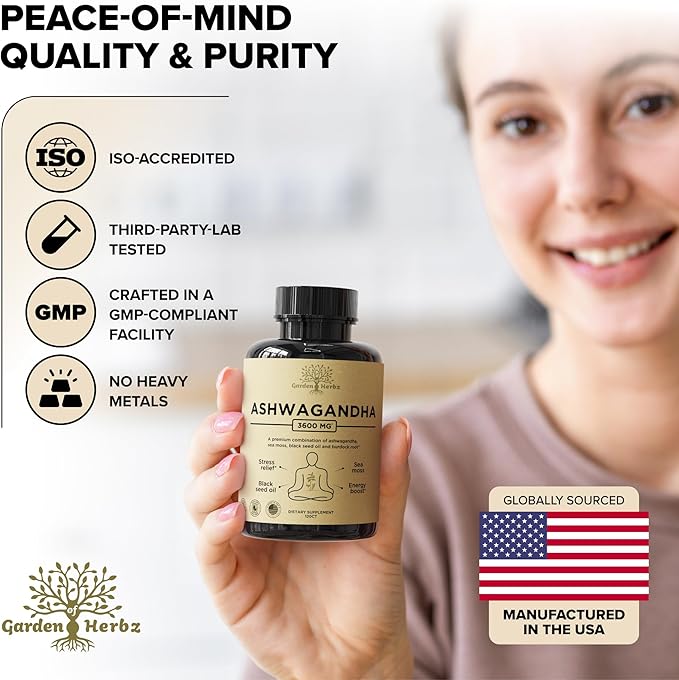 Organic Ashwagandha Root & Irish Sea Moss – 3,600 mg Ashwagandha Supplement with Black Seed Oil, & Burdock Root – Herbal Supplement for Energy, Stress Relief, Extra Strength, 60 Caps