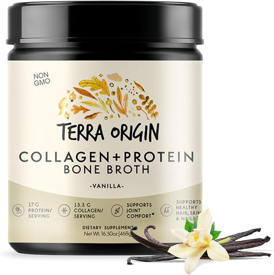 TERRA ORIGIN Collagen Protein Bone Broth Powder, Natural Collagen from Real Whole Food Sources with 17g Protein, for Hair, Skin, Nail and Joint Support, 20 Servings, Vanilla