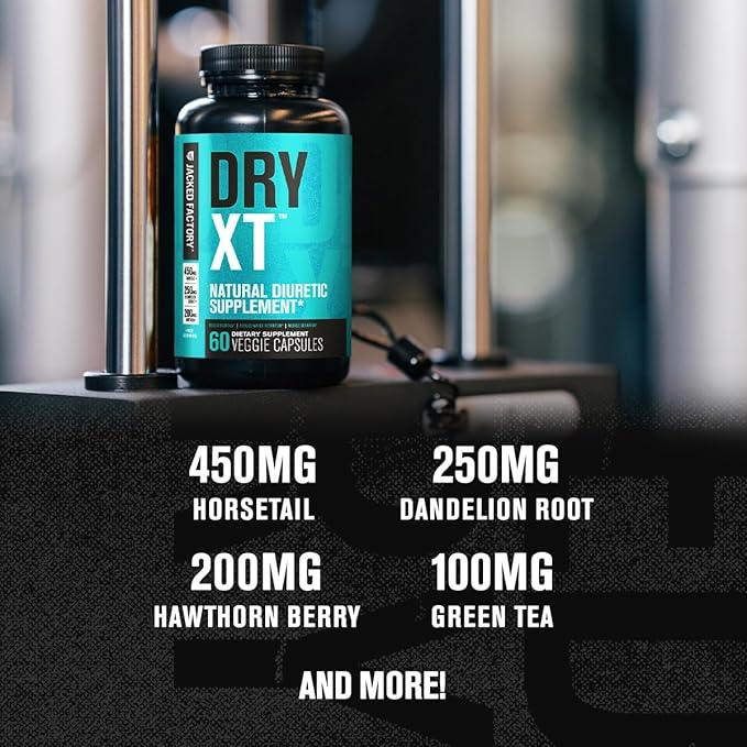 Jacked Factory Dry-XT Diuretic Water Pills - Natural Supplement | Reduces Water Retention & Bloating | Dandelion Root Extract, Potassium, 7 More Powerful Ingredients - 120 Veggie Capsules