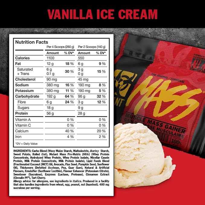 Mutant Mass Weight Gainer Protein Powder with Whey, and Casein Protein Blend for High-Calorie Workout Shakes, Smoothies, and Drinks, 15 lb - Strawberry Banana
