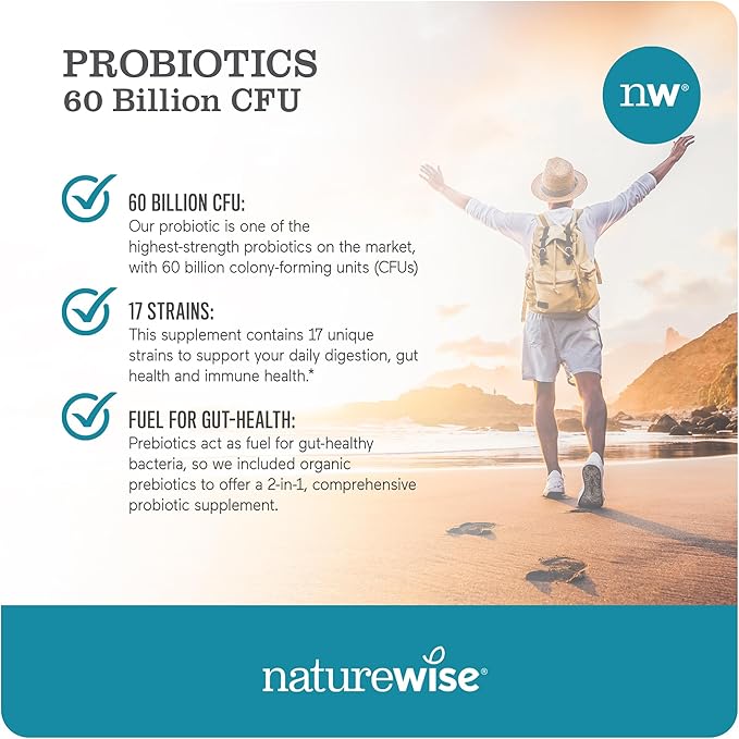 NatureWise Probiotics 60 Billion CFU - 17 Strains + Organic Prebiotics - Immune, Digestive & Gut Health Support for Women & Men - Vegetarian, Gluten-Free, Non-GMO - 30 Capsules[1-Month Supply]