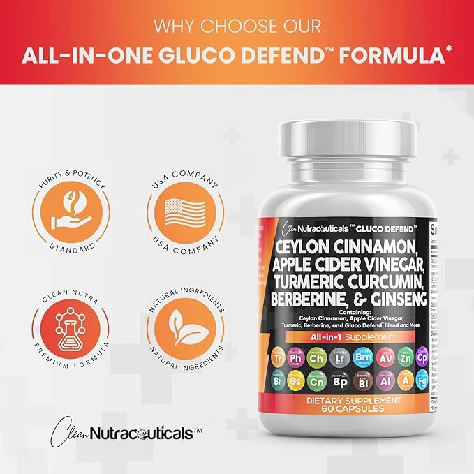 Clean Nutraceuticals Ceylon Cinnamon Turmeric Apple Cider Vinegar Ginseng Berberine Plus Bitter Melon Gymnema Milk Thistle Fenugreek