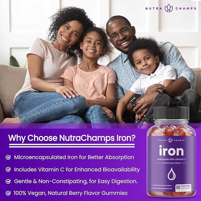 Iron Gummies with Vitamin C | 20mg Iron Gummies for Women, Men & Kids | Blood Cell Formation Support | 60 Gummies | Vegan Iron Gummy for Iron Deficiency & Anemia | Energy, Focus, Immune Boost