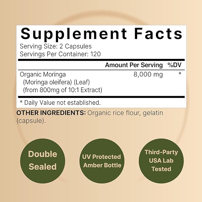 NatureBell Moringa Capsules 8000mg Per Serving, 240 Capsules | 4 Month Supply, Made with Moringa Powder Organic | Green Superfood, Skin Health & Immune Support | Non-GMO, Gluten Free