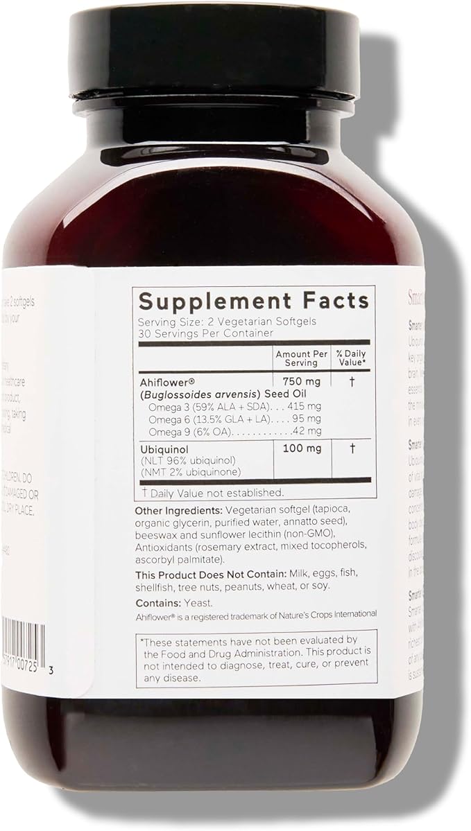 Smarter Nutrition CoQ10 Ubiquinol - Vegetarian CoQ10 for Heart Health Support - Enhanced Absorption with Omega 3 Ahiflower Oil - Soy Free, Non-GMO, Vegetarian Softgels - 1 Pack, 30 Servings