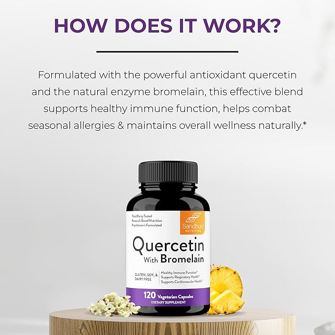Sandhu's Quercetin with Bromelain 1000mg Per Serving 120 Count (Pack of 2) Vegetarian Capsules Bioflavonoids Supplement Complex Supports Immune, Cardiovascular & Respiratory Health