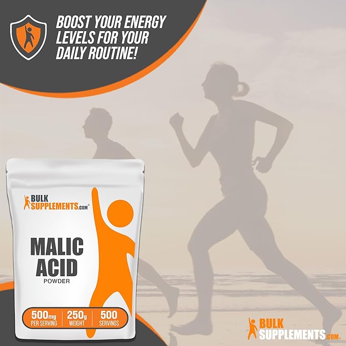 BulkSupplements.com Malic Acid Powder - Malic Acid Supplement, Malic Acid Powder Food Grade - for Energy & Skin Support, Gluten Free - 500mg per Serving, 250g (8.8 oz)