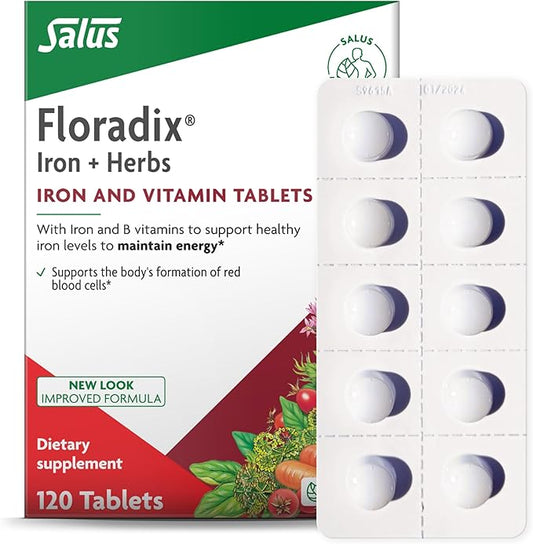 Floradix by Salus Iron Tablets - Energy Support Supplement for Men & Women - Natural Iron Supplement with B Vitamins & Vitamin C - Non-GMO, Vegetarian & Lactose-Free - 120 Tablets