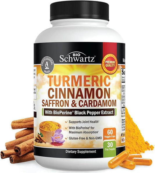 Turmeric Supplement with Saffron, Cinnamon and Cardamom Plus BioPerine Black Pepper Extract for Optimal Absorption, Natural Tumeric Curcumin Joint Support Supplement for Women and Men, 60 Capsules