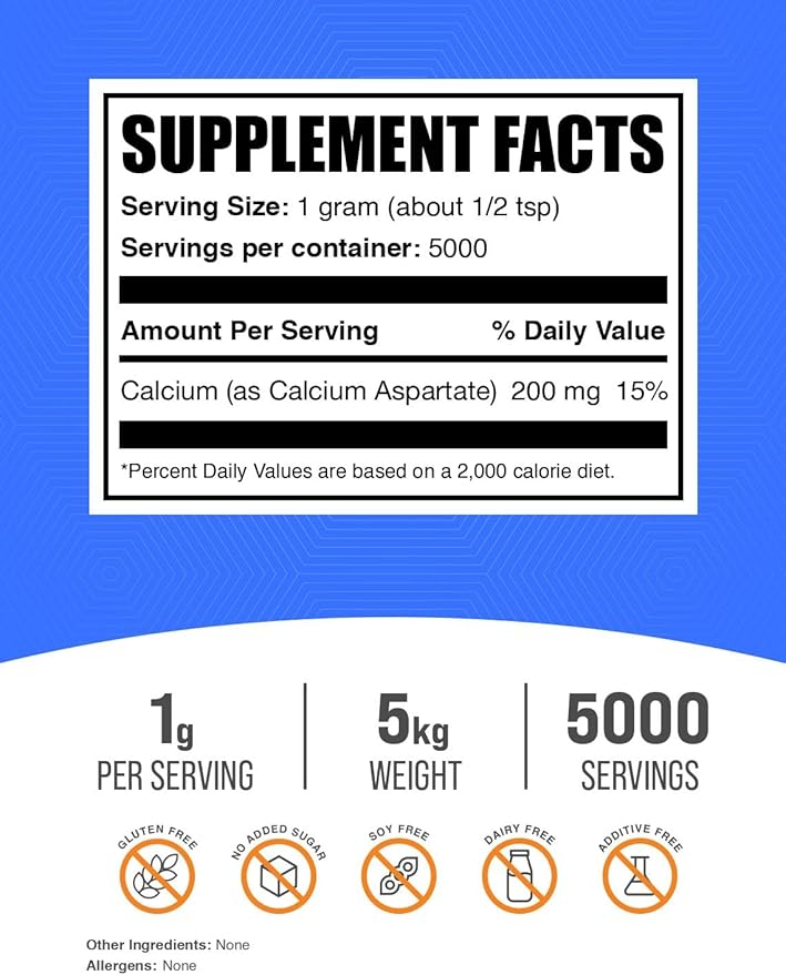 BulkSupplements.com Calcium Aspartate Powder - Calcium Supplement Powder, Calcium Aspartate 200mg - Gluten Free, 1000mg (200mg Calcium) per Serving, 5kg (11 lbs) (Pack of 5)