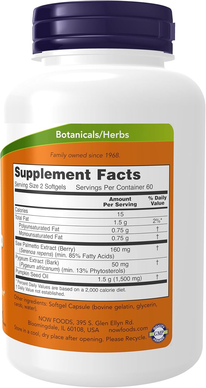 NOW Foods Supplements, Pygeum & Saw Palmetto with Pumpkin Seed Oil, Men's Health*, 120 Count(Pack of 1)