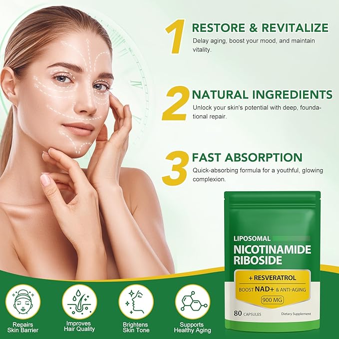 NAD Supplement, 900mg - Liposomal Nicotinamide Riboside NAD+ Supplement with Resveratrol Supports Muscle, Brain, Cellular Energy - NMN Supplement Alternative for Men and Women, 160 Capsules