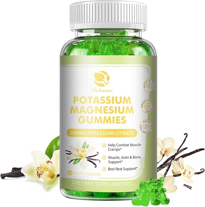 Potassium Magnesium Gummies - High Absorption Magnesium Glycinate 500mg & Potassium Citrate 200mg Plus Omega 3, B6, D3, K2 & Calcium - Chewable Gummy for Leg Cramps, Immunity & Energy - 60 Count