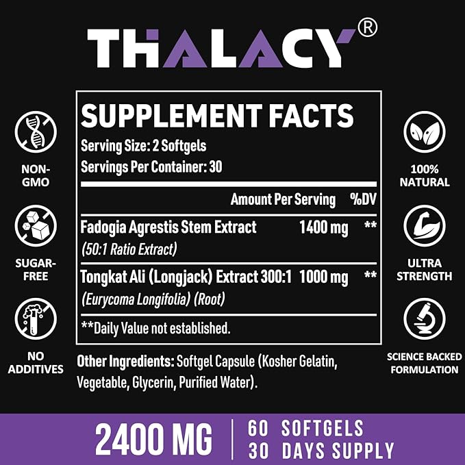 2400mg Fadogia Agrestis Tongkat Ali Supplement - Fadogia Agrestis 1400mg & Tongkat Ali 1000mg Ultra Blend, Maximum Strength, Muscle Mass & Athletic Performance, 240 Softgels