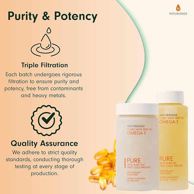 Vegan Omega 3 Capsule Supplement, Plant-Based Omega 3 Fish Oil Alternative, 90 Capsules – Cold Pressed from Clary Sage Seed – Kosher - Omega 3 Fatty Acid Supplement